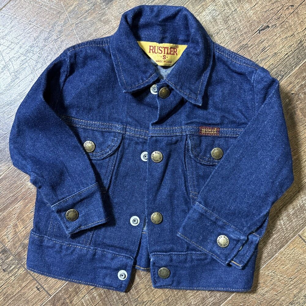 Vintage Rustler Kids Denim Trucker Jacket Size Small USA Made 12 Oz Cotton